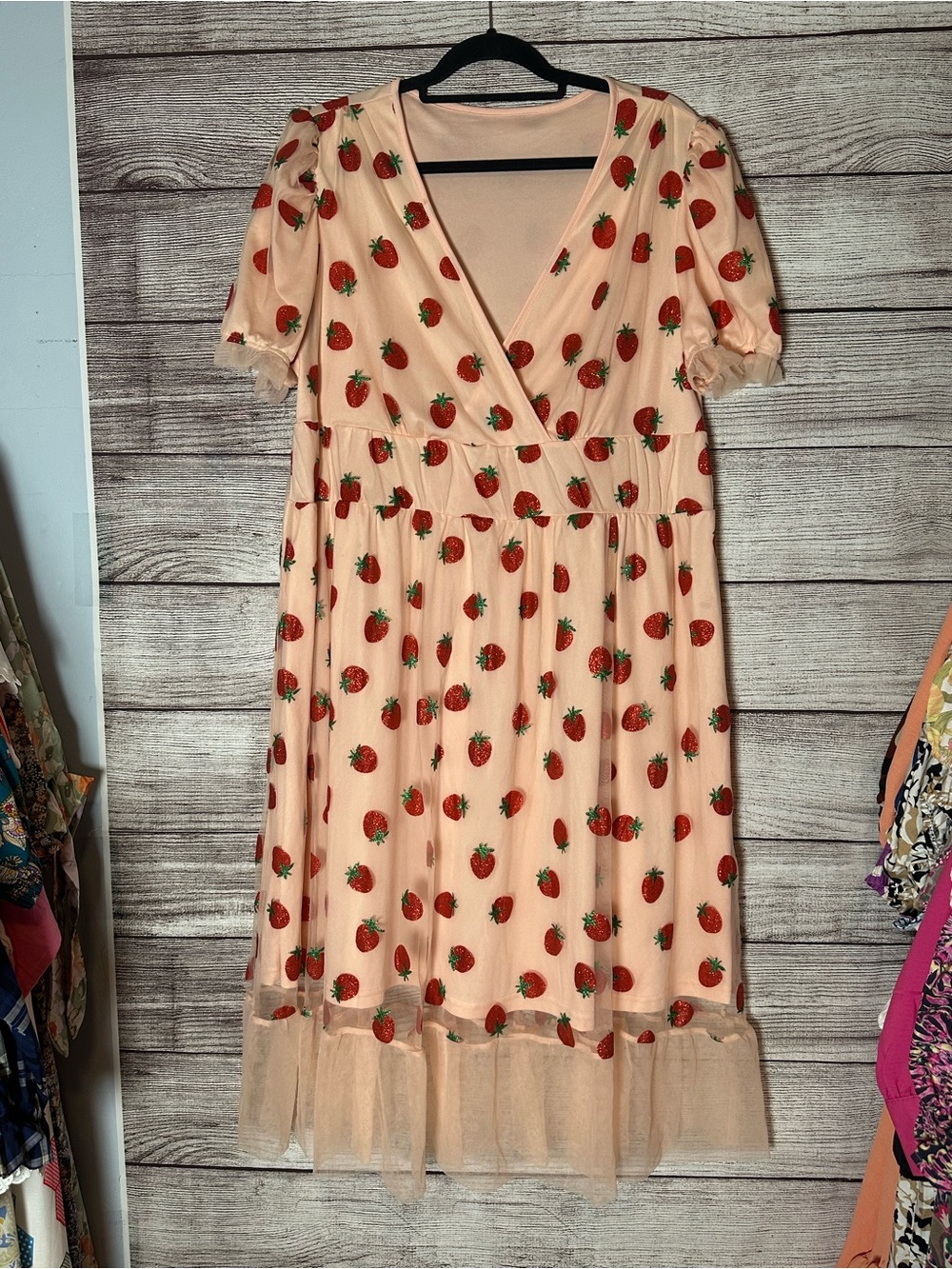 Peach Strawberry Print Midi Dress with Ruffle Hem